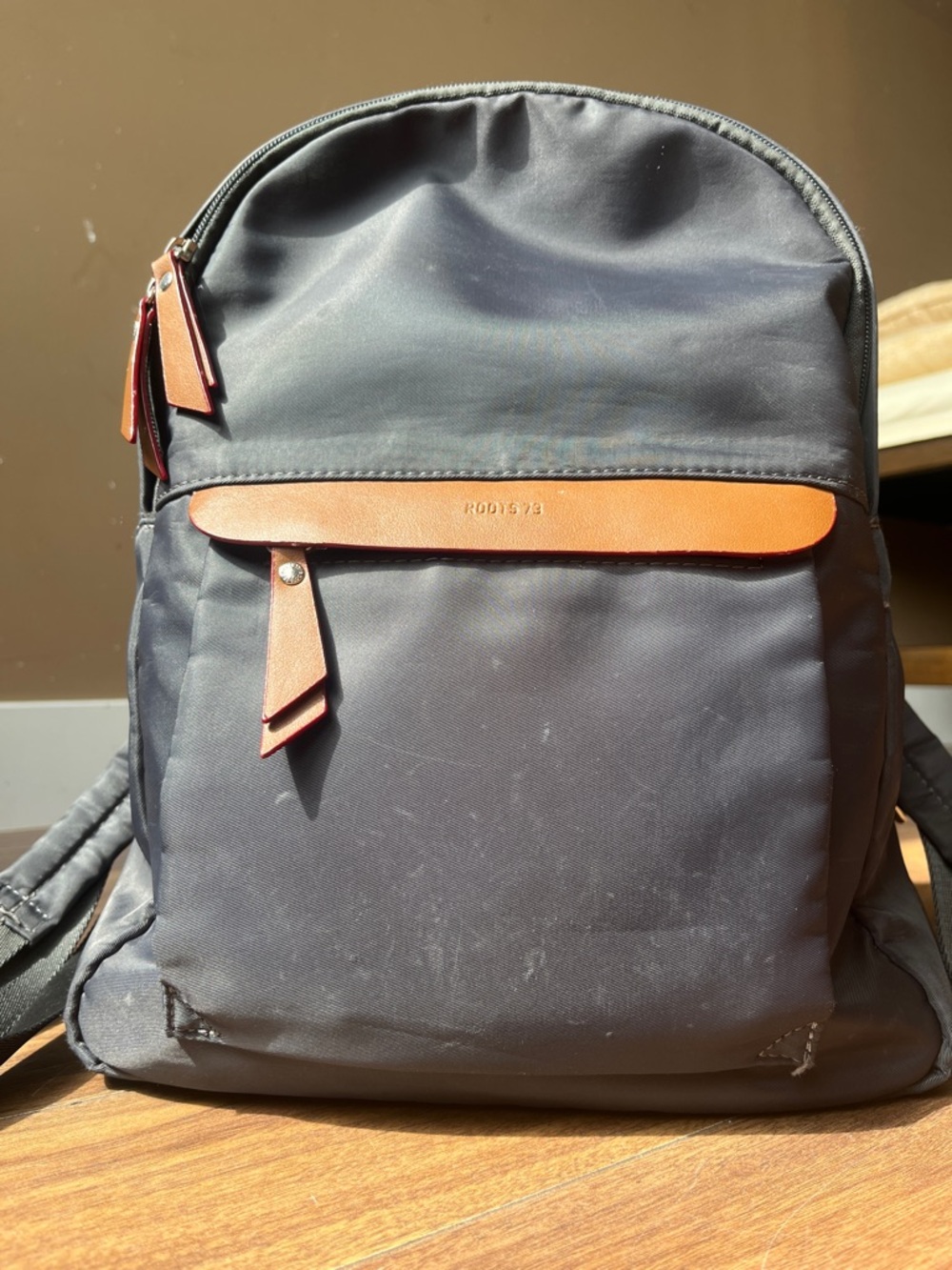 Roots Black Nylon Backpack with Tan Leather Accents Bag Medium Size